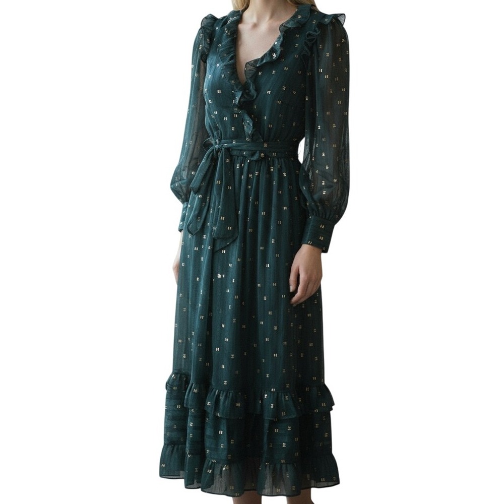 AQUA Teal Gold Foil Ruffle Wrap Midi Maxi Dress Long Sleeve Belted X Small NWT